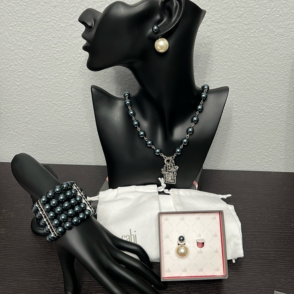 NWT CAbi Black Pearl Heritage Necklace, Bracelet & Earrings - sold Separately